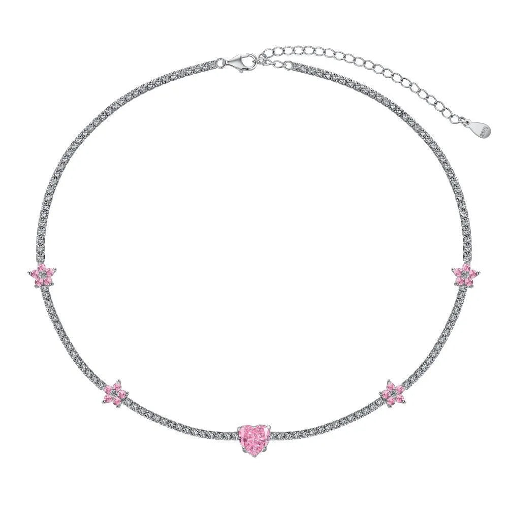 Women's 925 sterling silver tennis necklace with heart-shaped pendant and electroplated finish