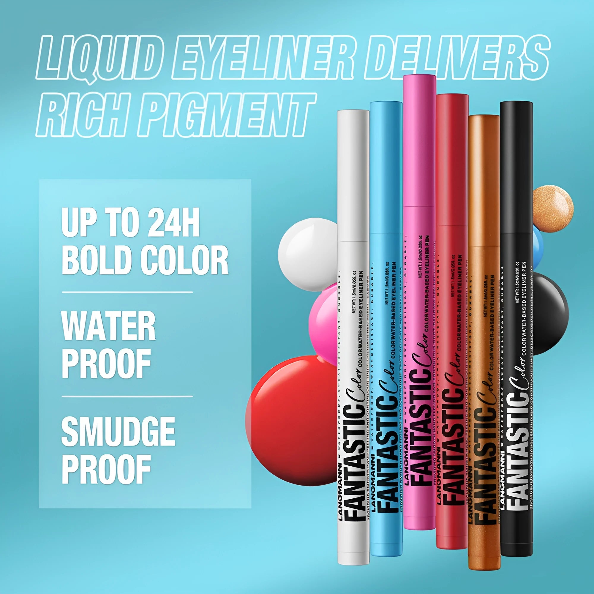 Matte anti-smudge liquid eyeliner in twelve colours including white, gold, purple, brown, blue, and iron grey