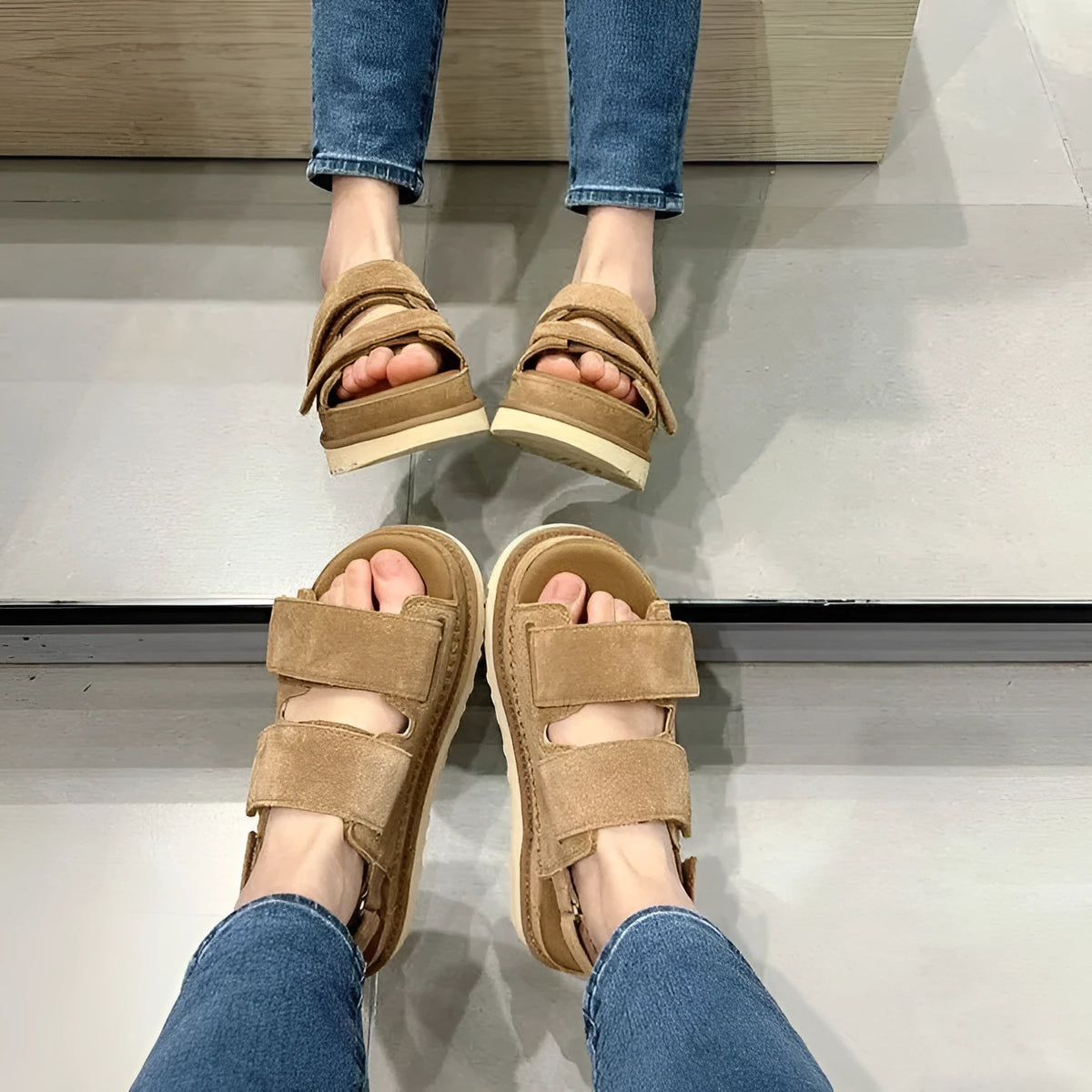 Women's maroon plus size suede platform sandals with Velcro strap and round peep toe.