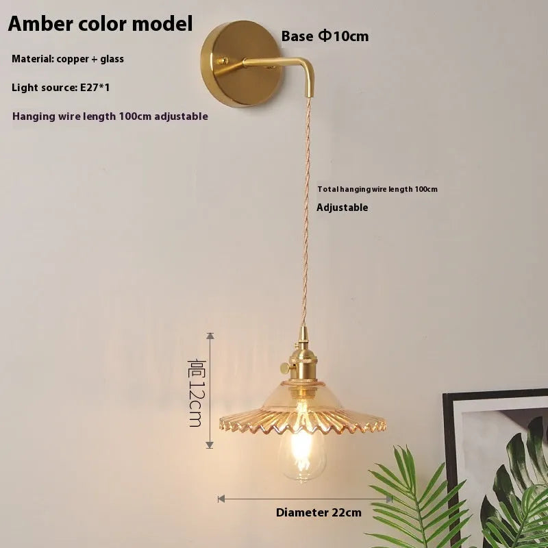 Retro brass lotus wall lamp with glass shade in various colour options