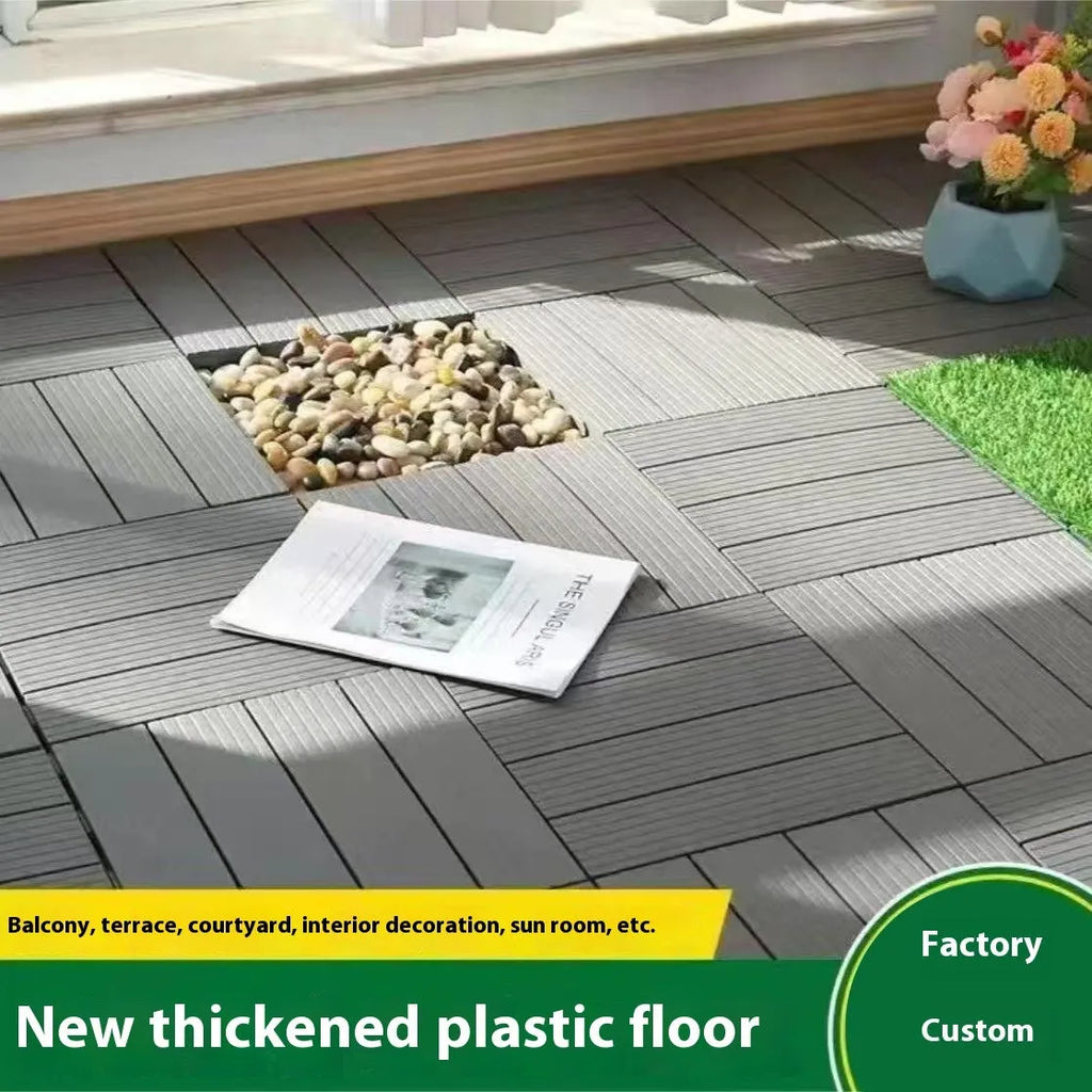 Wood grain plastic floor tile measuring 300x300mm, showing non-slip surface texture