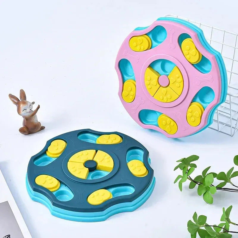 Blue dog puzzle feeder bowl with interactive game elements for slowing down fast-eating dogs