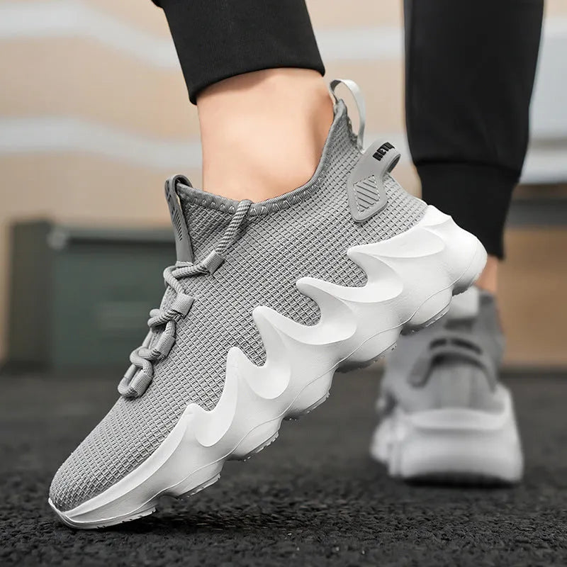 Men's casual lightweight breathable sock-like shoes low top round toe lace up in black white gray solid colour trainers size 39-48