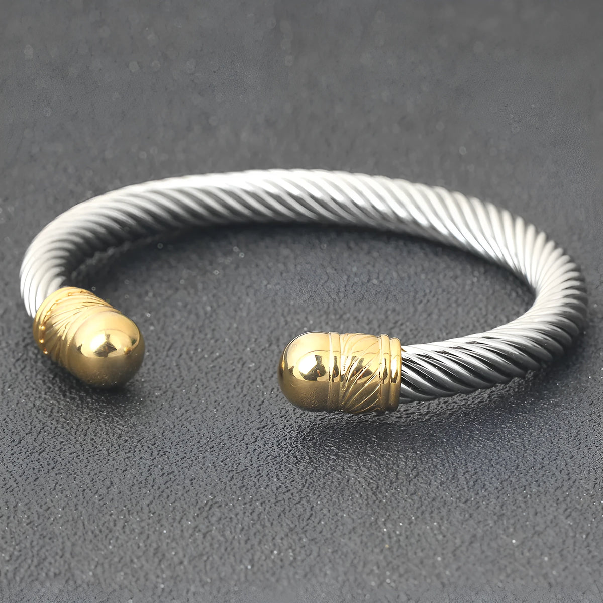 Round titanium steel cable bracelet with 7mm wire opening in gold or steel colour, simple style