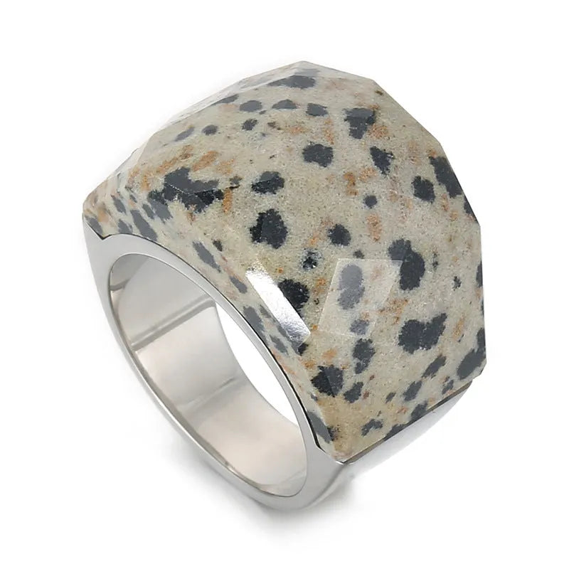 Women's geometric stainless steel natural stone ring with 17mm width in electroplated finish