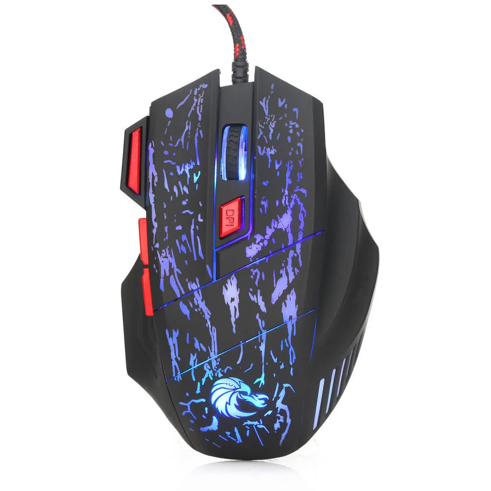 Black wired gaming mouse with colourful luminous lighting effects on desktop