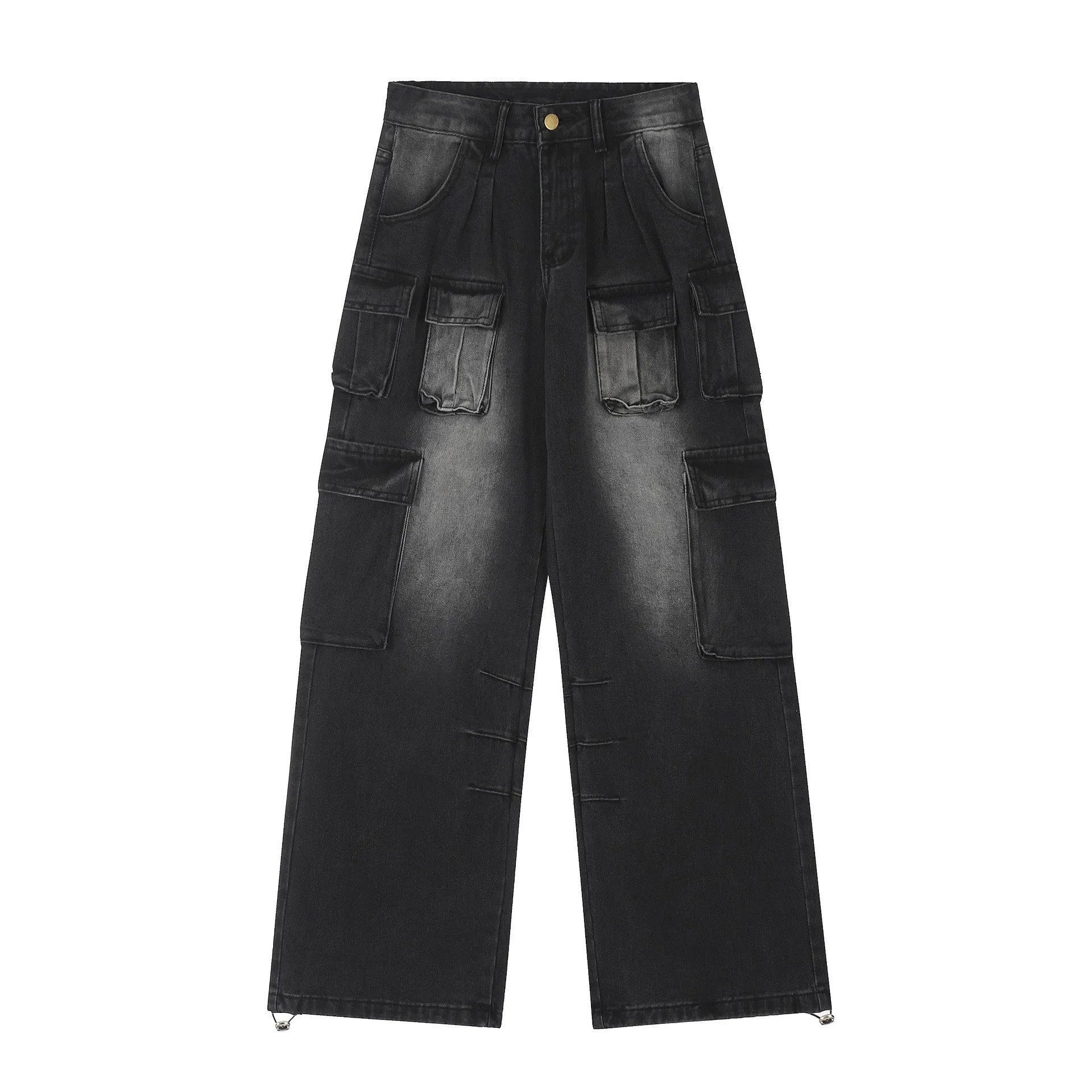 Loose-fit light blue distressed denim jeans with multiple tooling pockets on a straight-leg cut