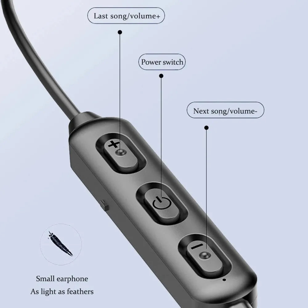 Black neck-mounted wireless sports earphones with bilateral earpieces and custom logo area.