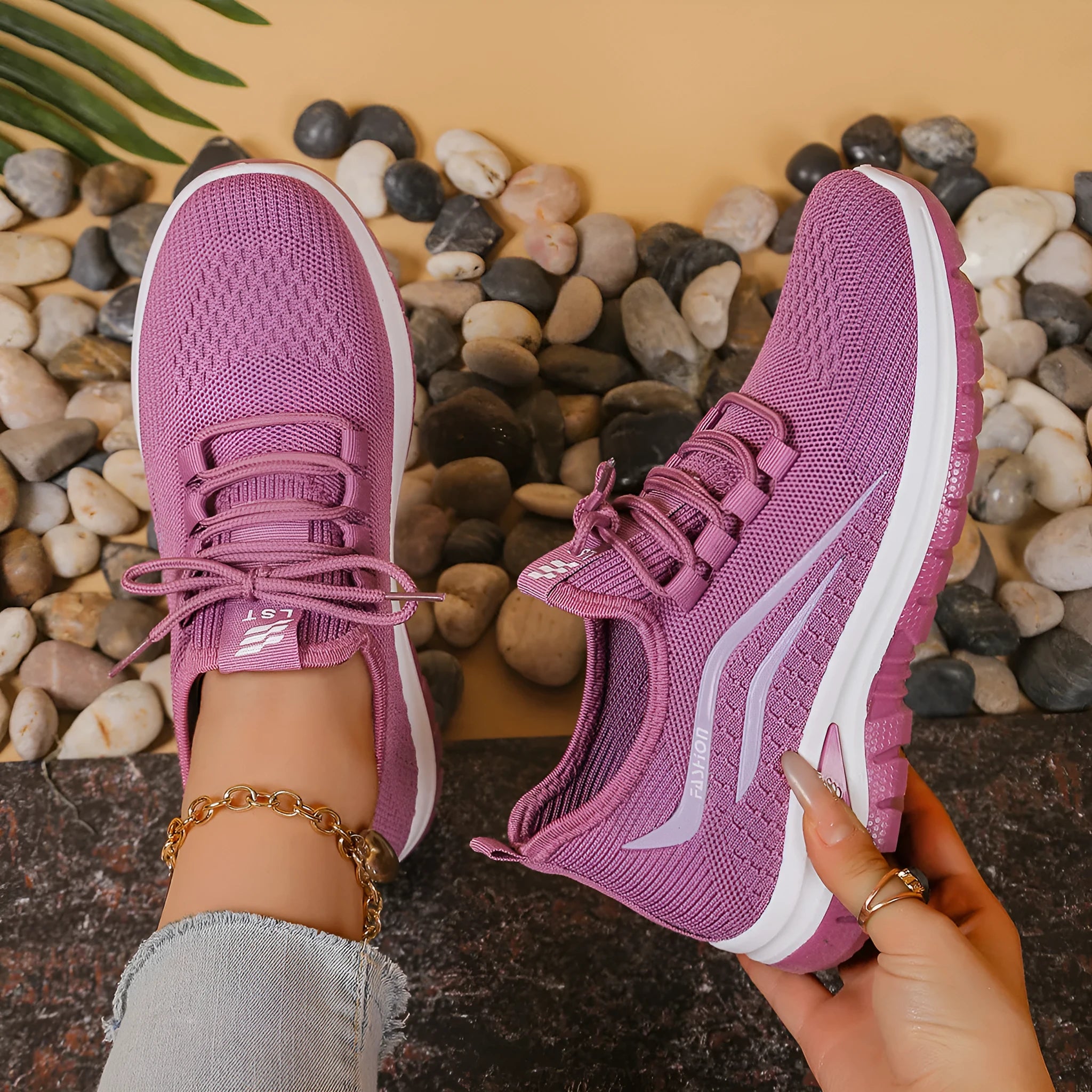 Women's breathable mesh casual sports shoes with non-slip rubber sole, low top, lace-up closure, available in multiple colours and sizes 36-42