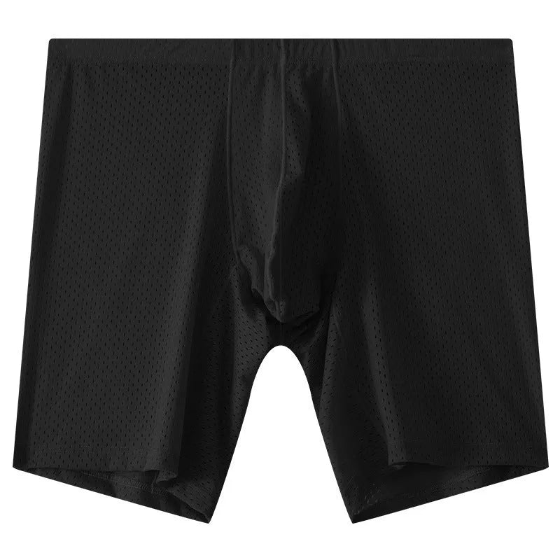 Men's mesh transparent lengthened boxers in black, mid waist nylon knit sports underwear