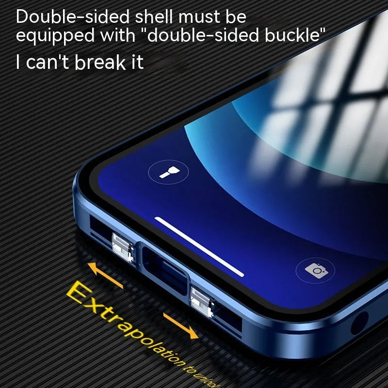 Glass privacy screen iPhone case with double-sided buckle, shown in black, blue, gold, green, and silver colour options.