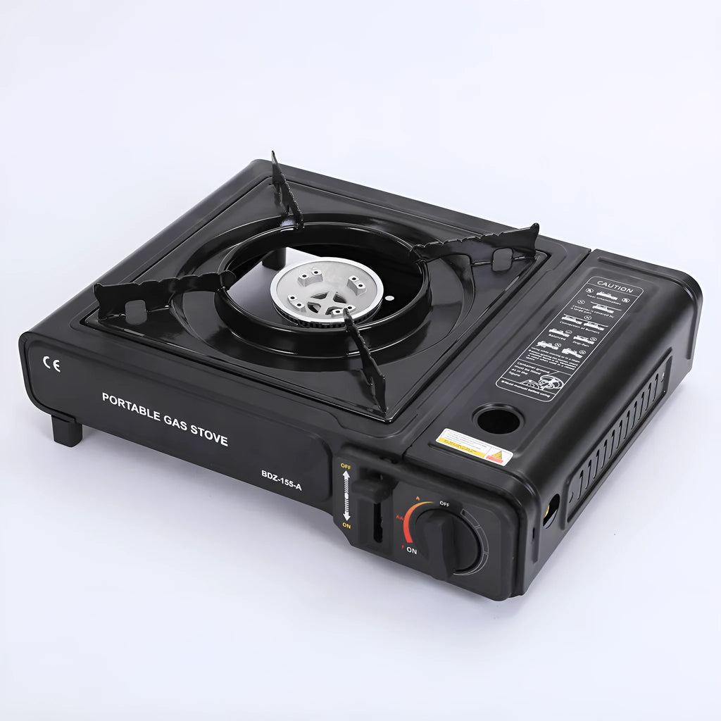 Portable outdoor camping gas stove in black for hot pot and barbecue cooking