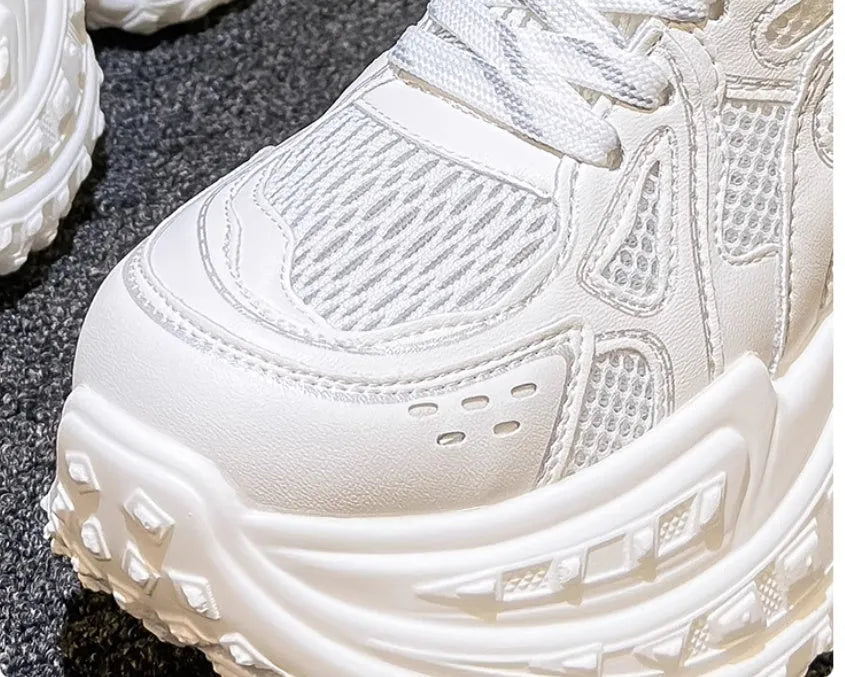 White women's lace-up height increasing shoes with round toe and 8cm+ heel