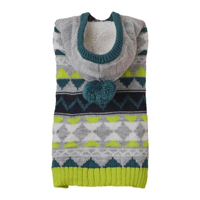 Green acrylic pet sweater with a diamond pattern knit for a dog, showing sizes XS to XL