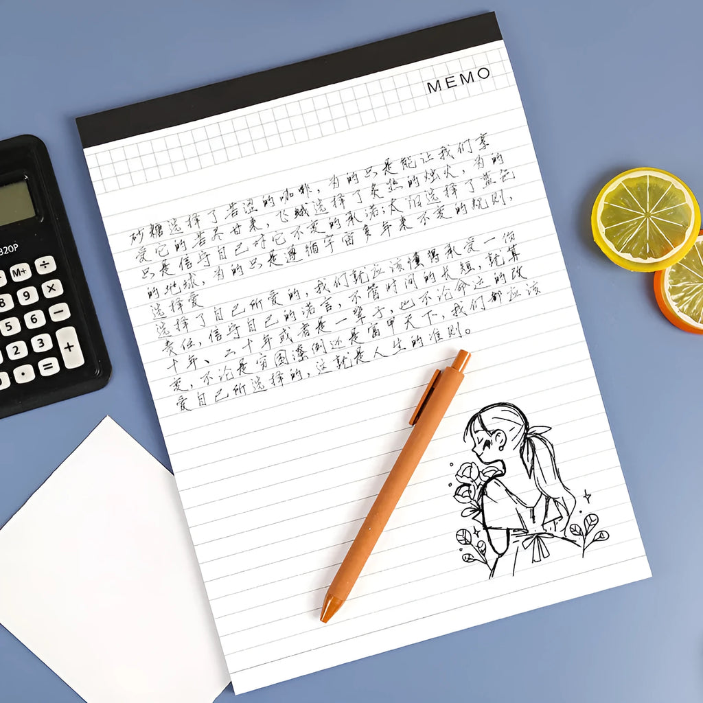 A4 tearable notebook with soft cover open to show gridded ivory white paper inside.