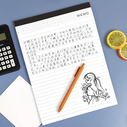 A4 tearable notebook with soft cover open to show gridded ivory white paper inside.
