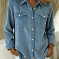 Women's light blue distressed polyester denim jacket with cardigan-style open front, long sleeves, and regular fit on display