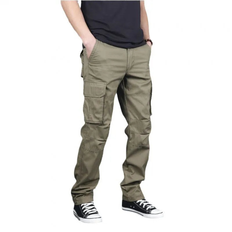 Men's multi-pocket 100% cotton cargo pants in khaki, mid waist with zipper fly, size M-5XL