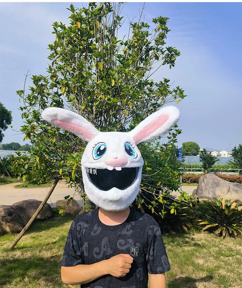 White decorative rabbit head helmet cover for electric motorcycles with long ears