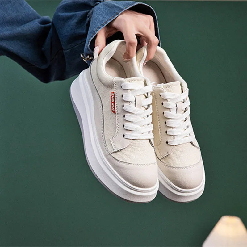 Women's beige and pink leather board shoes with thick soles for height increase