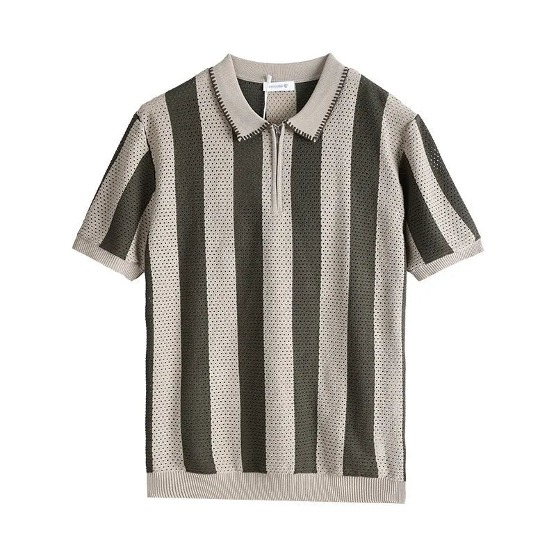 Man modelling a striped short sleeve viscose sweater with a decorative front zipper.