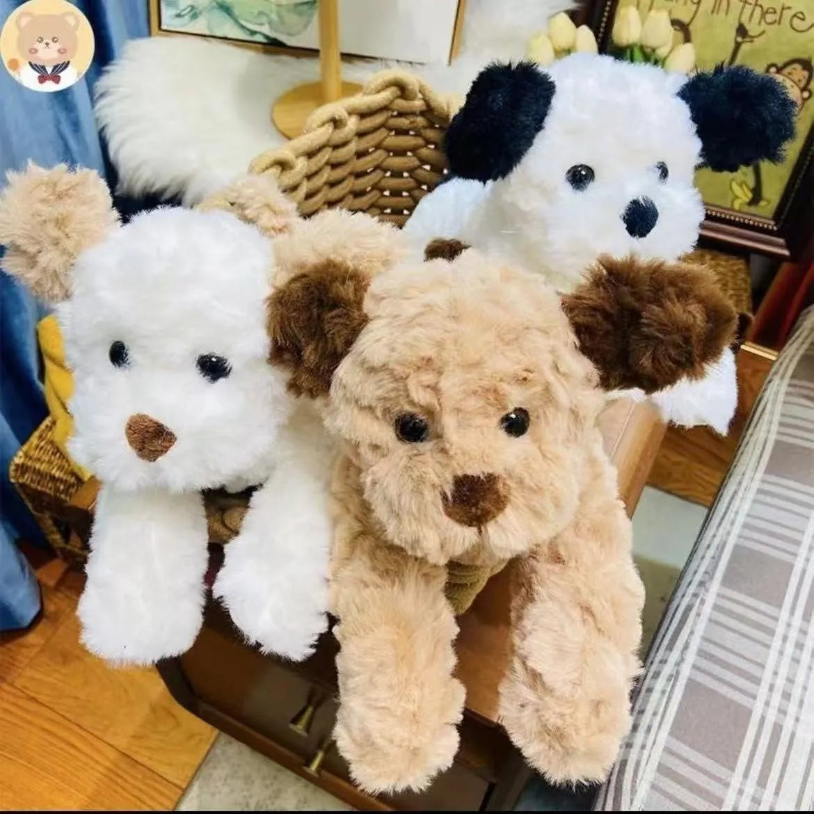 Lying dog plush toy in brown, white, and white and black, available in 35cm, 45cm, and 55cm heights.
