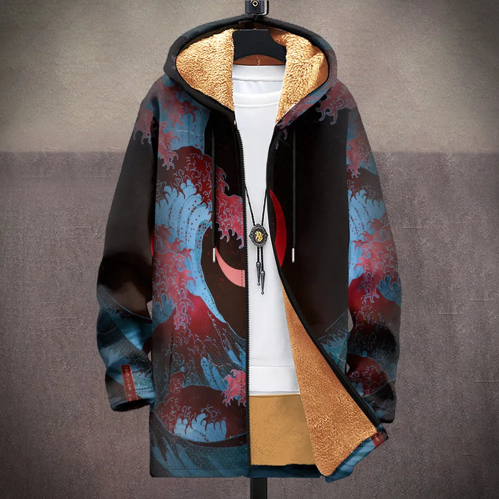 Men's loose fit zip up hooded cardigan with digital print pattern in multiple colour options