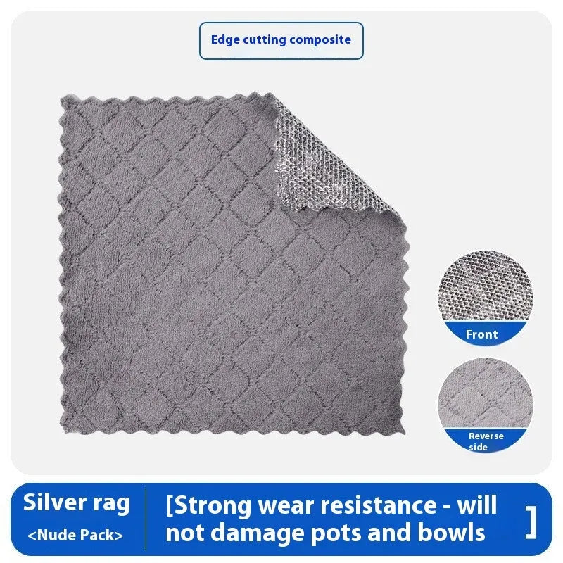 Silver microfiber cleaning rag with a built-in steel wire scrubber ball on a kitchen counter.