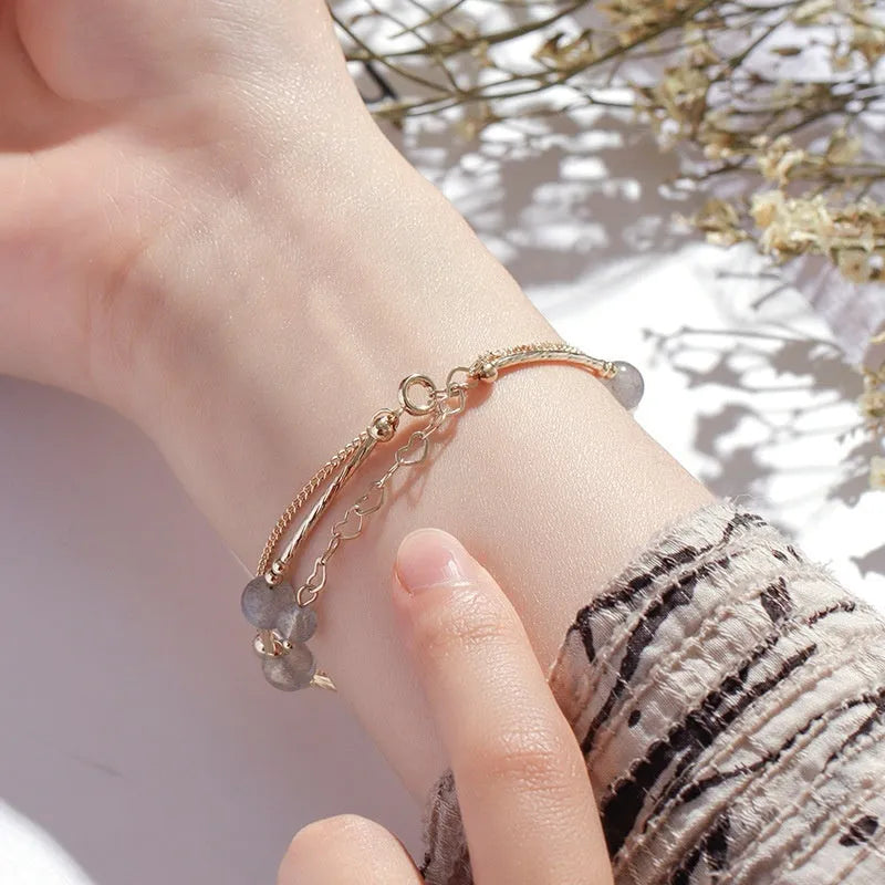 Double-layer crystal bracelet with moonstone accents in electroplated moonlight copper finish