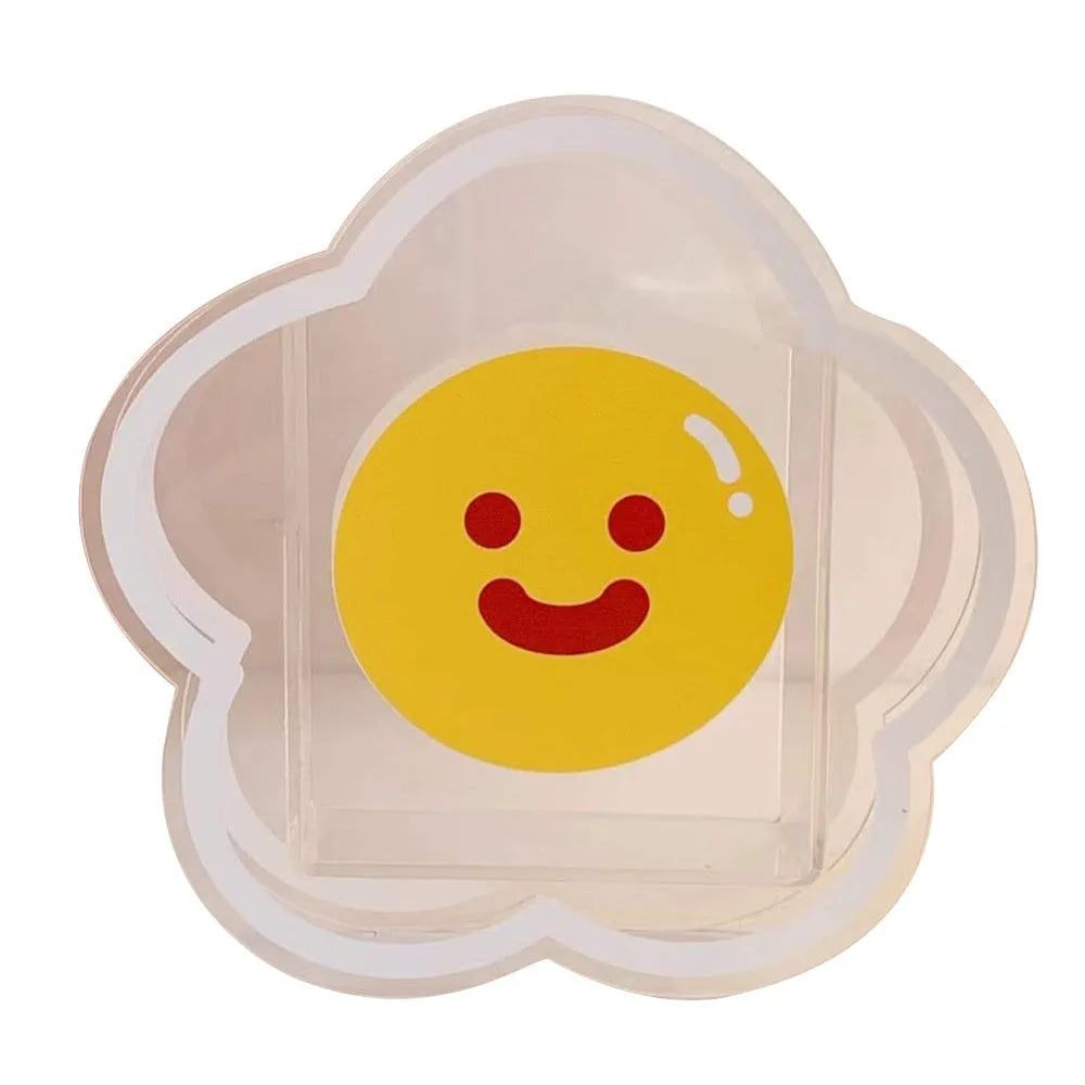 Square clear acrylic storage box on a desk, shown in one of six cute colour pattern options.
