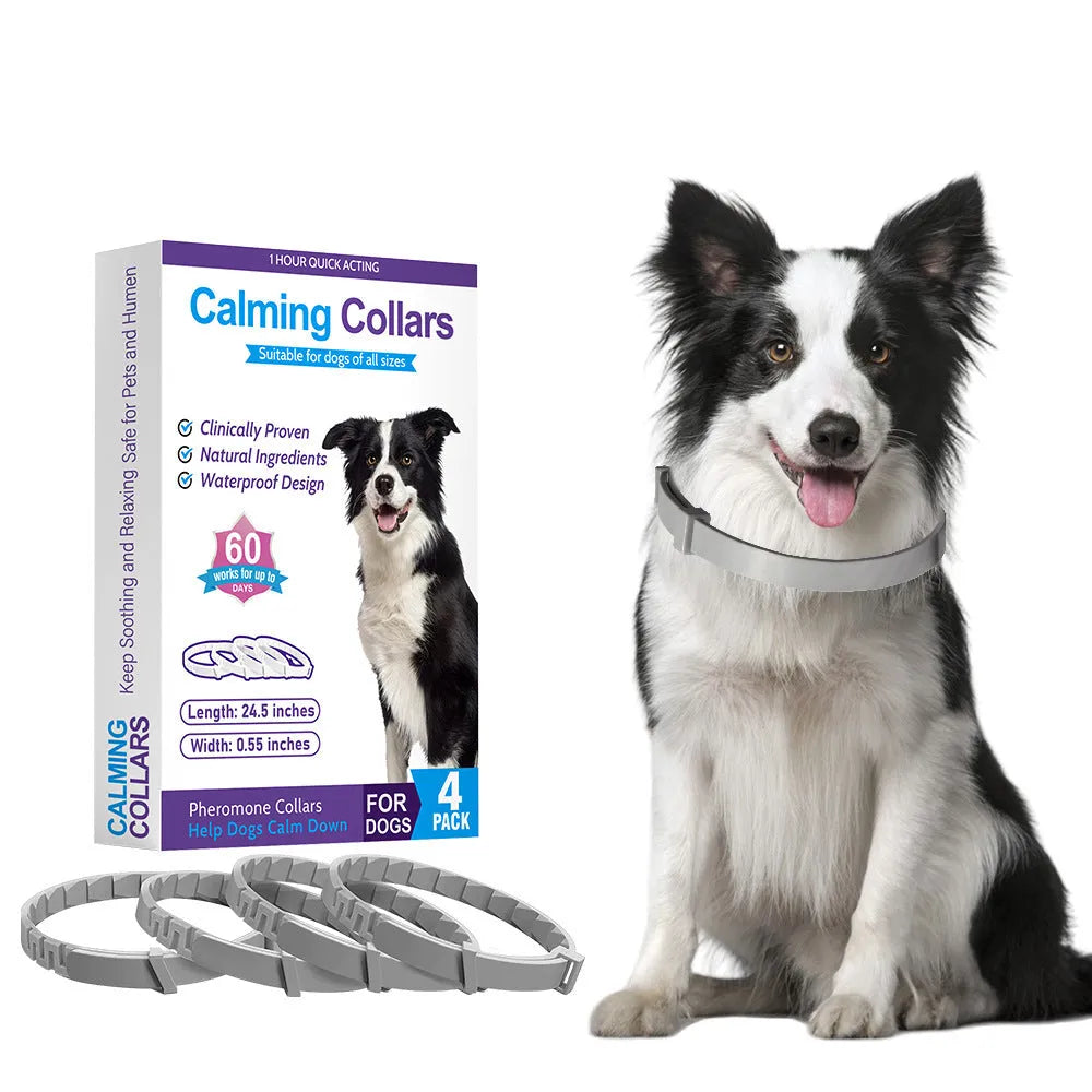 Four monochrome dog calming collars in assorted colours, adjustable up to 62cm for anxiety relief.