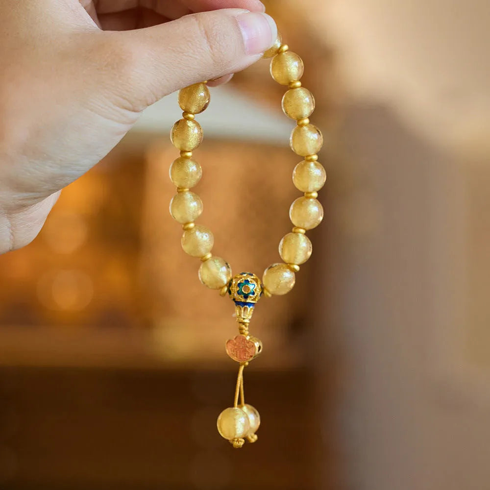 10mm natural stone beaded mixed stitching bracelet in gold foil colour with flower design