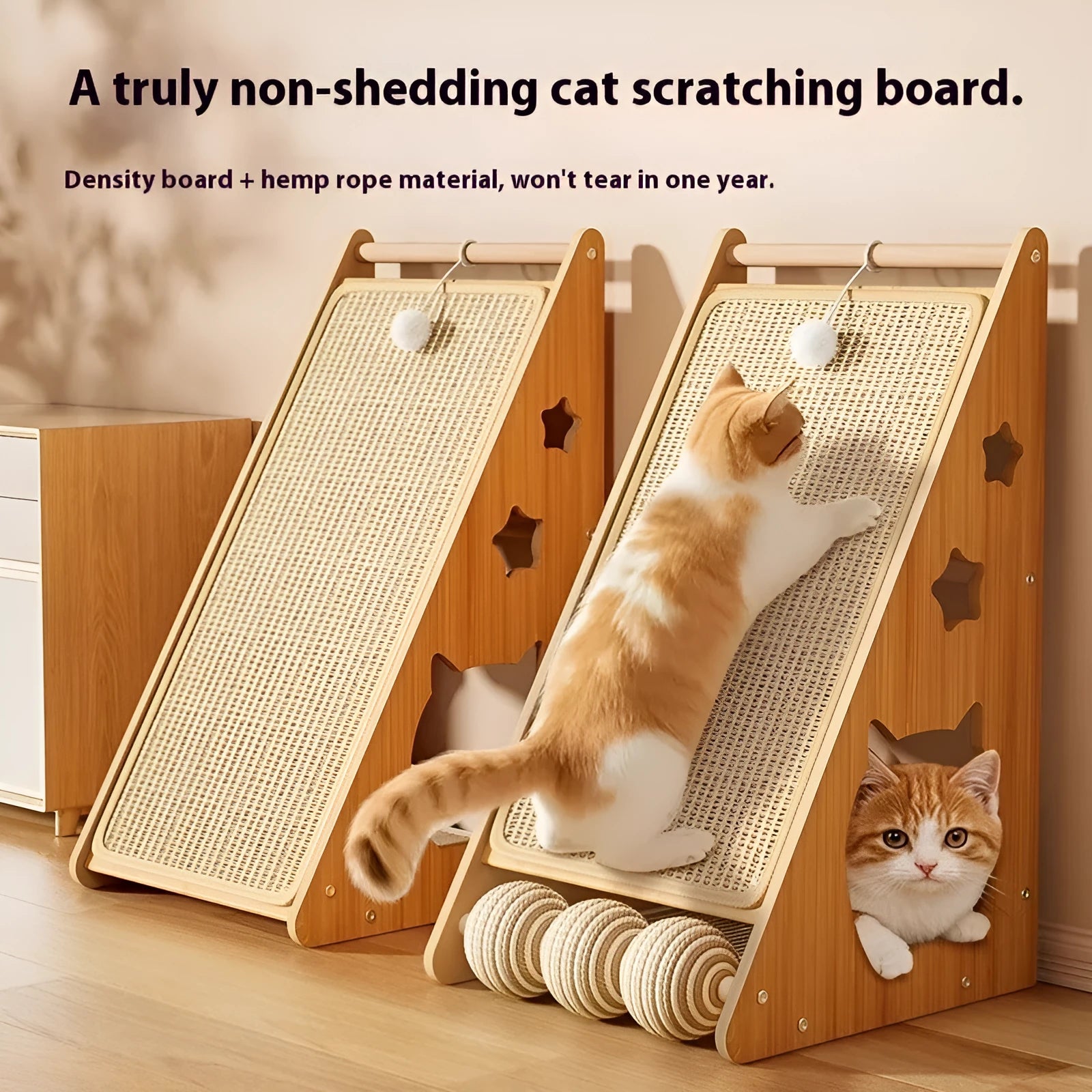 Vertical wall-mounted cat scratch board with sisal and hemp rope surface and a fixed cat teasing ball.