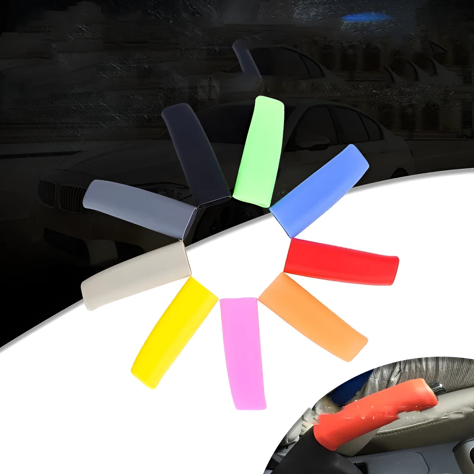 Universal silicone handbrake sleeve in black, grey, beige, red, and blue colours shown next to a car handbrake.