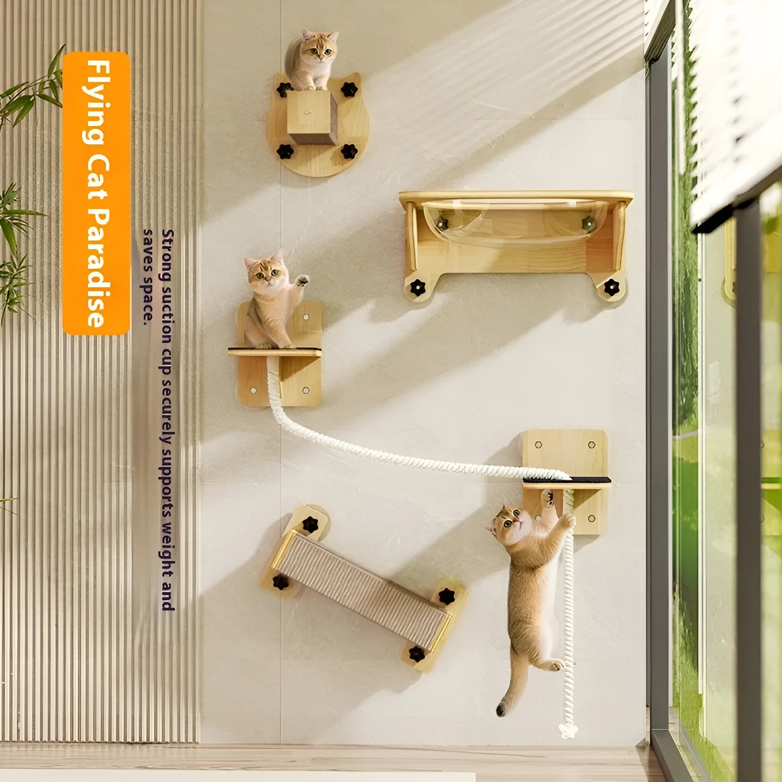 Wall-mounted cat activity centre with sisal scratching post, suspended ropes, and a space capsule top piece.
