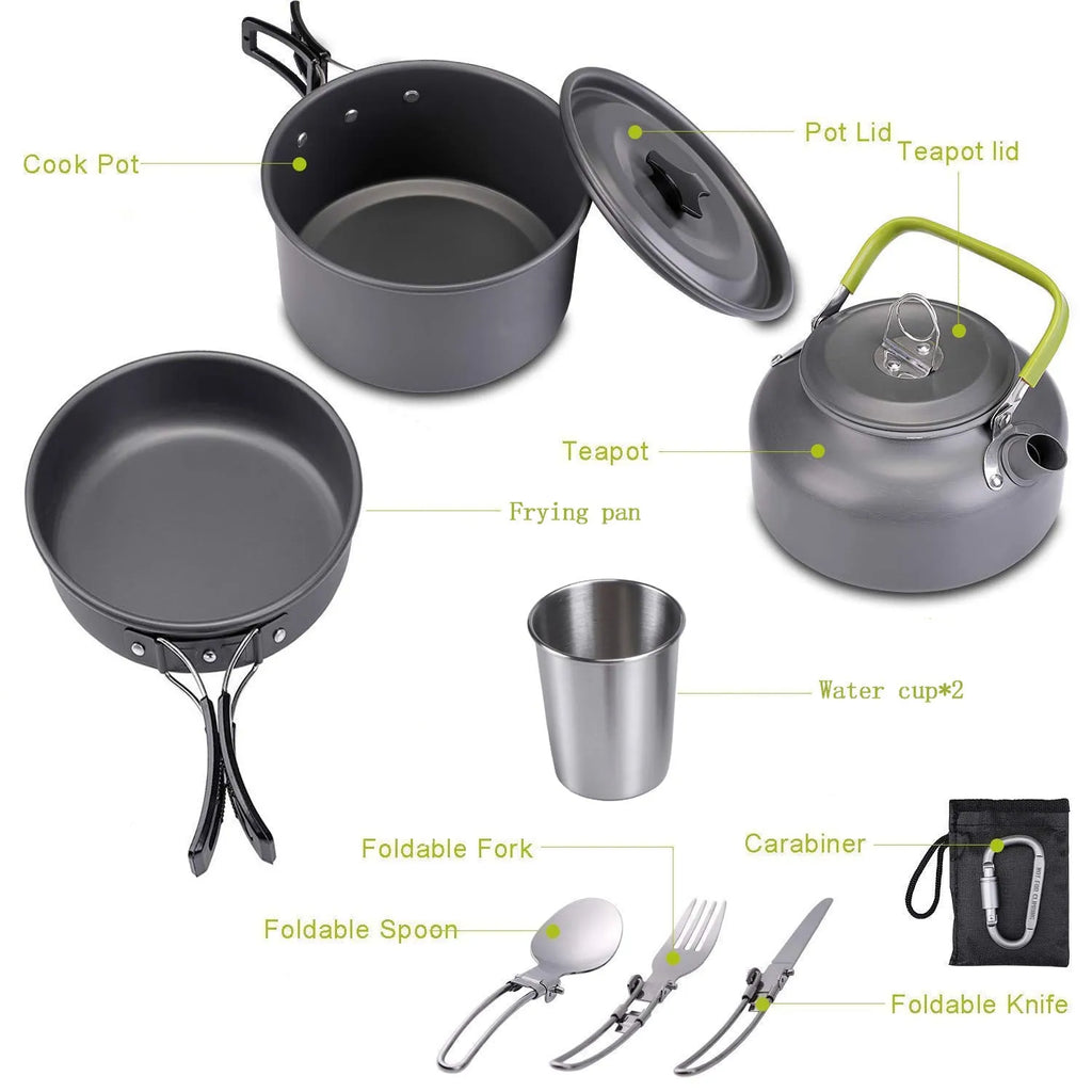 Camping cookware set with hard alumina stew-pan, frying pan, 0.8L teapot, two stainless steel cups and cutlery in orange, black or green