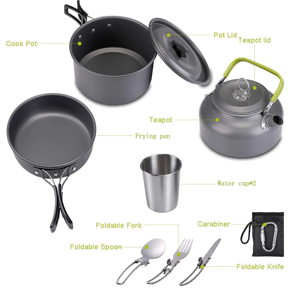 Camping cookware set with hard alumina stew-pan, frying pan, 0.8L teapot, two stainless steel cups and cutlery in orange, black or green