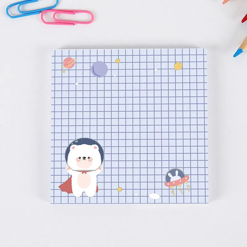 Cute cartoon bear sticky notes 8x8cm with 50 sheets, showing a Happy Bear design on a yellow background