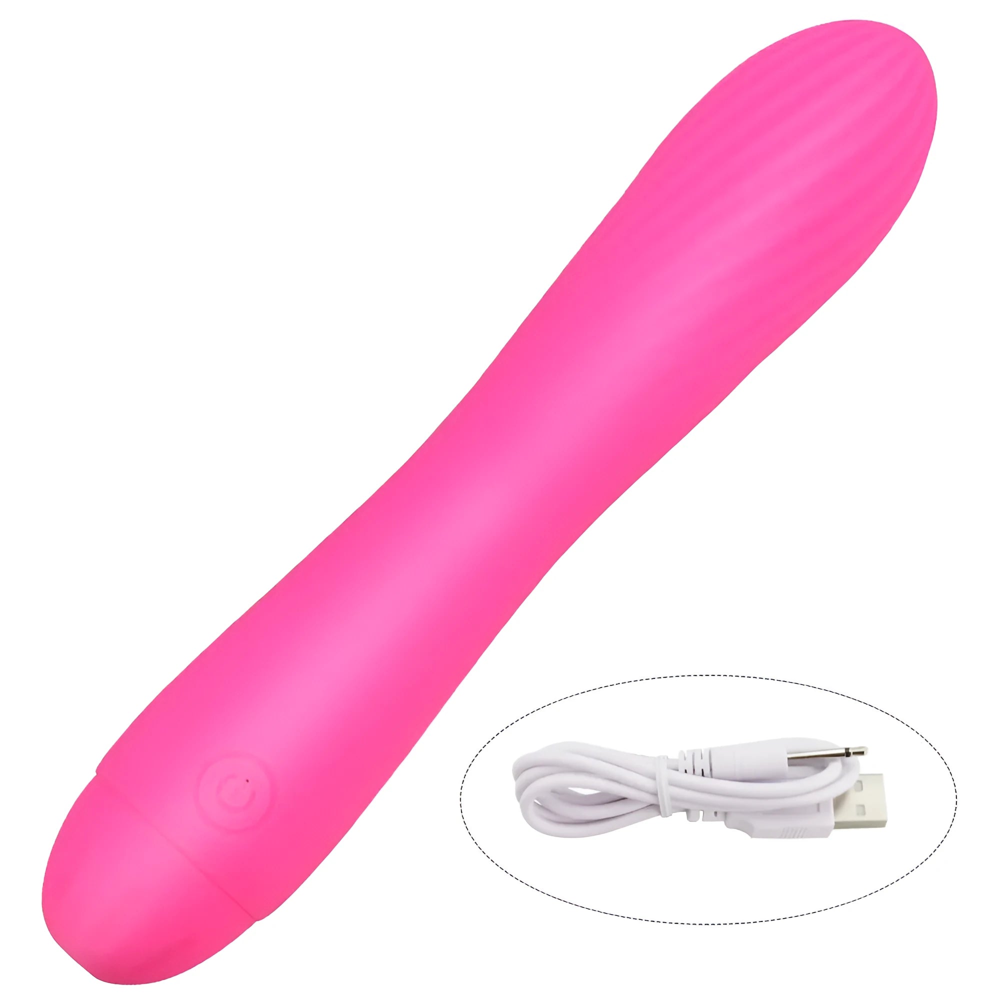 Pink rechargeable silicone toy for women in box with USB cable