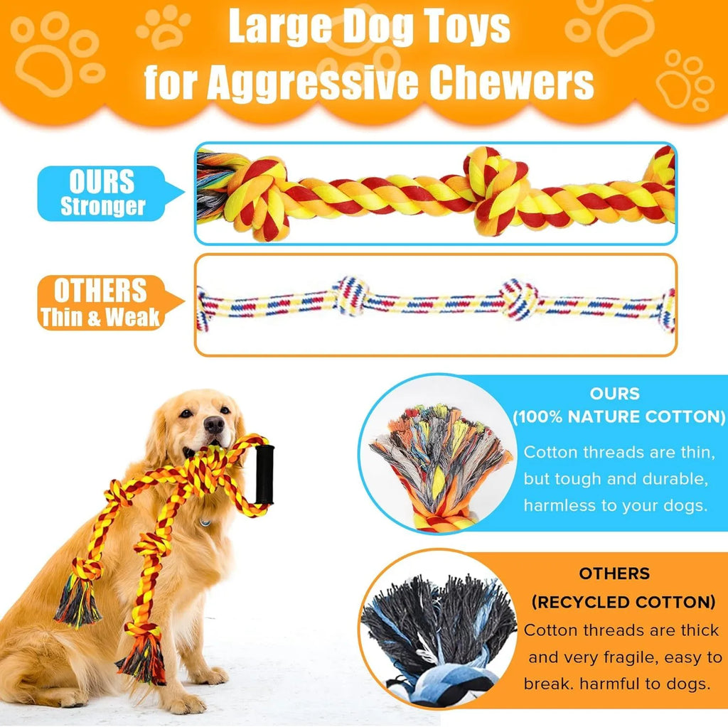 Blue and yellow durable cotton dog rope tug toy with a non-slip handle for large breeds.