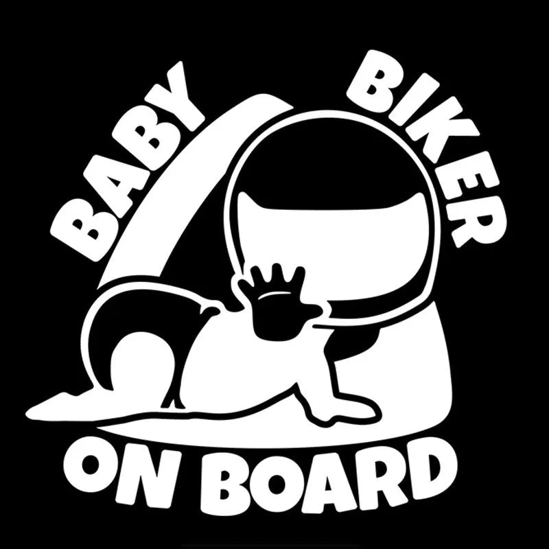 Black and white reflective Baby on Board sticker for car window, size 14.5 cm by 15 cm.