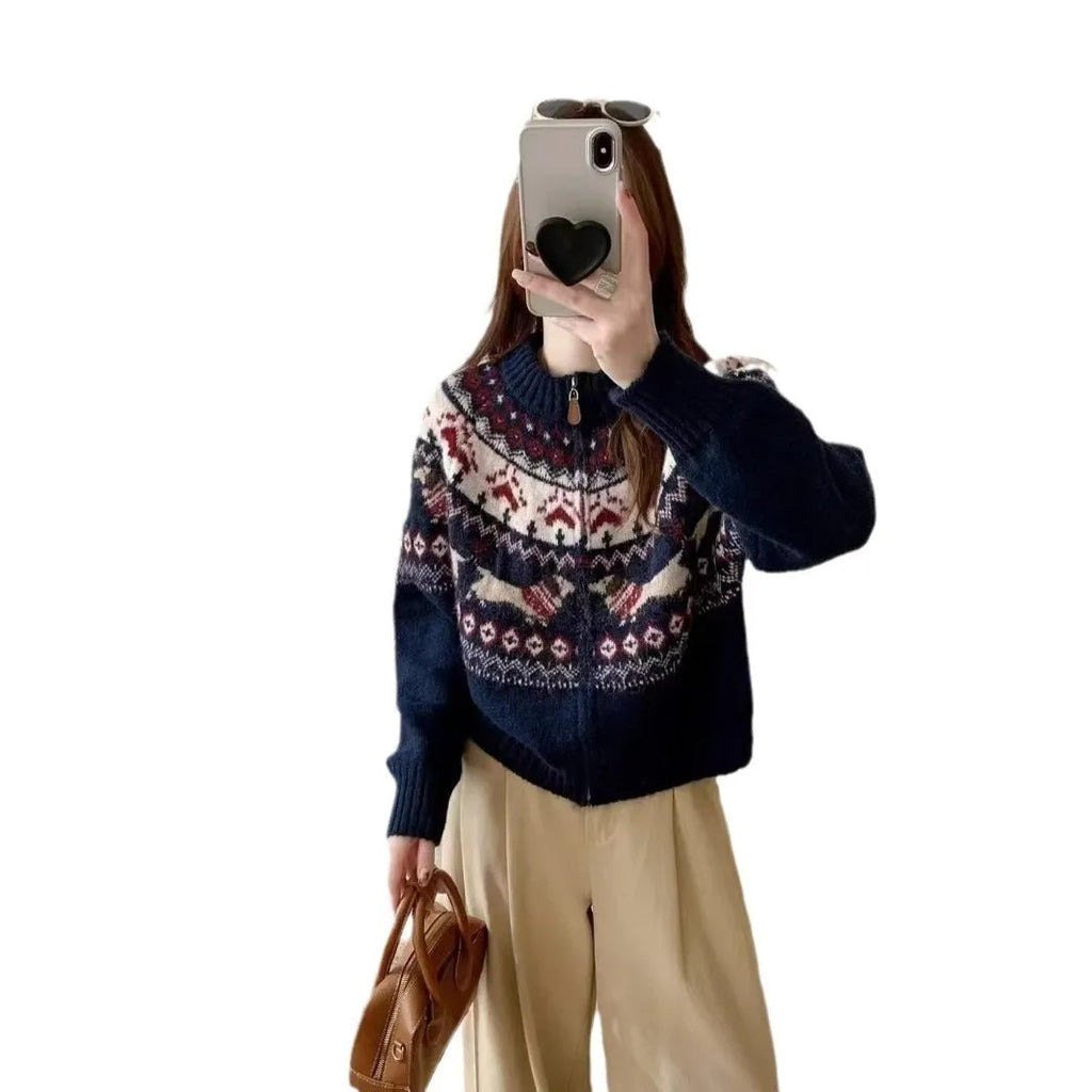 Ethnic style 3D jacquard pattern round neck pullover sweater in apricot beige colour