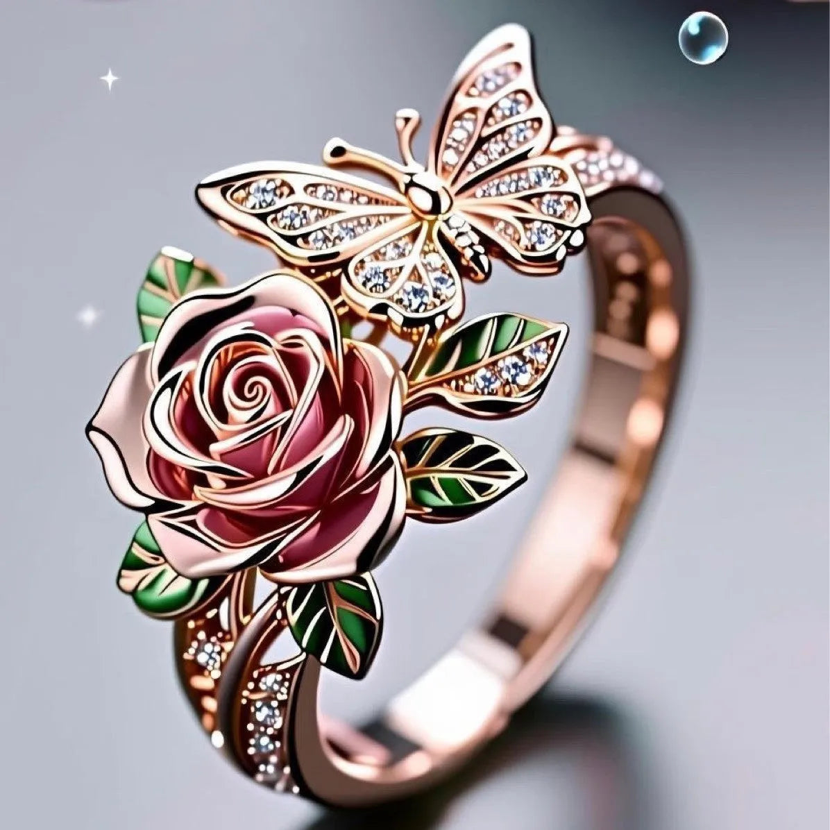 Colourful oil droplet finish butterfly personality ring with adjustable alloy band and floral insect motifs