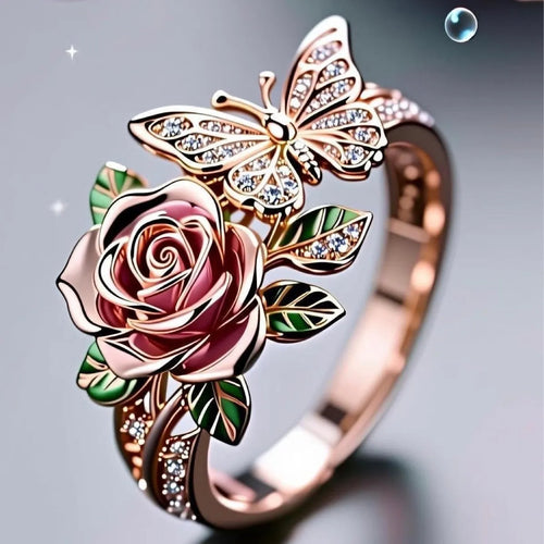 Colourful oil-drip finish butterfly personality ring with rose, insect, and leaf motifs on adjustable alloy band.