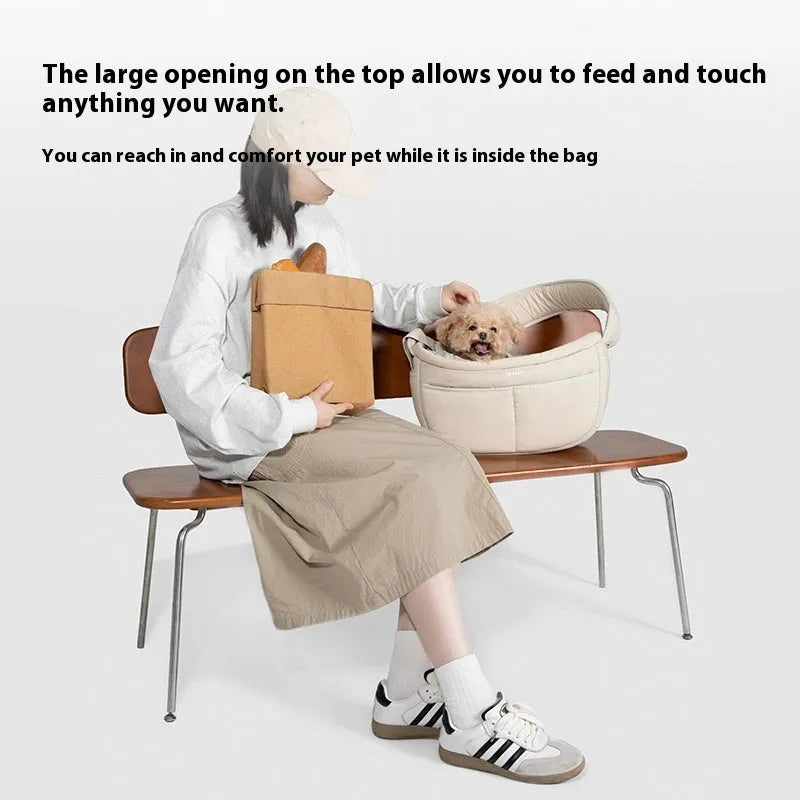 Nylon pet messenger bag for pets under 6kg with adjustable cross-body strap, shown in Almond Custard and Butter Pudding