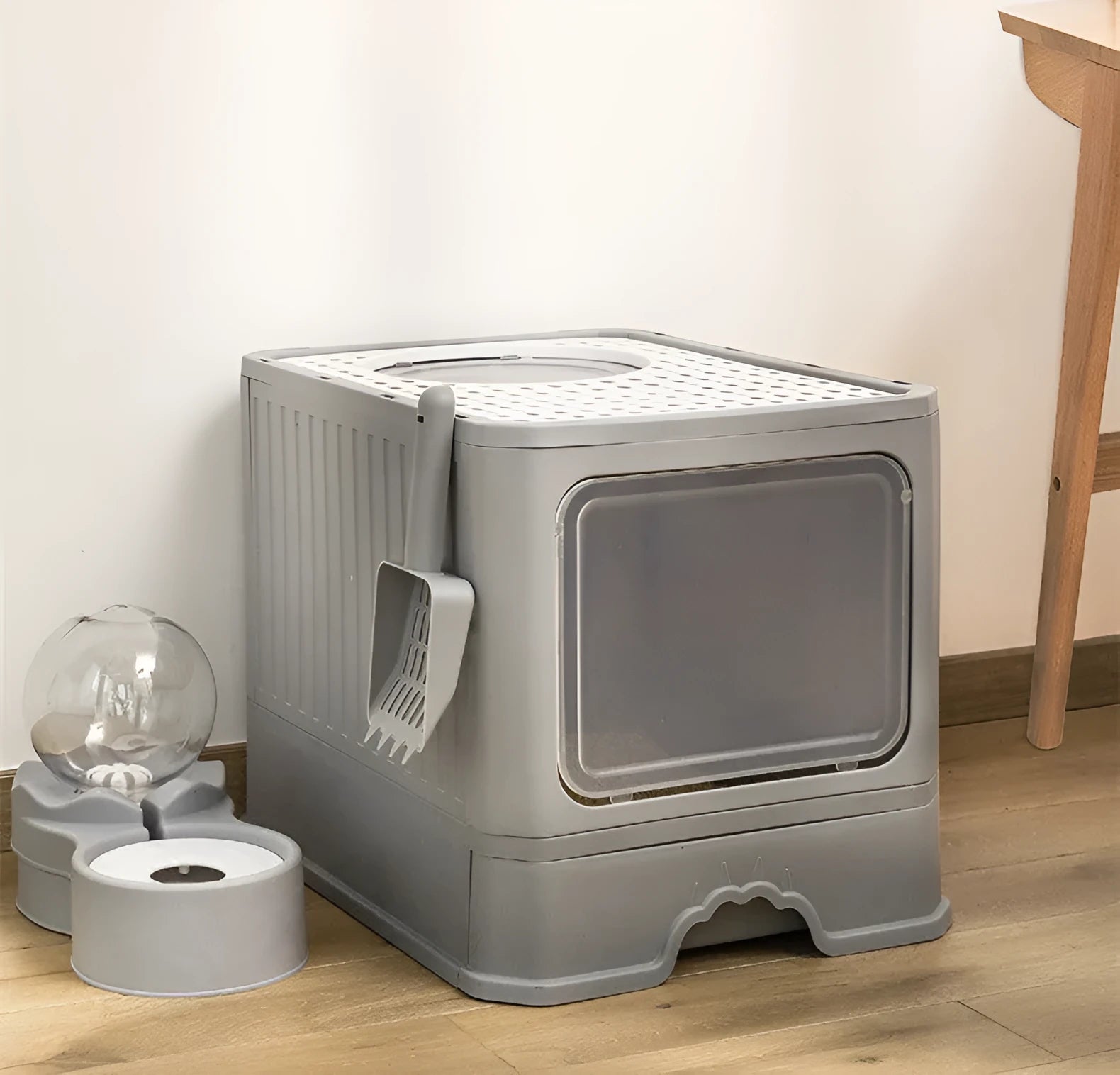 Large double door drawer foldable cat litter basin in PP, 50x38x39cm, grey colour with cat shovel