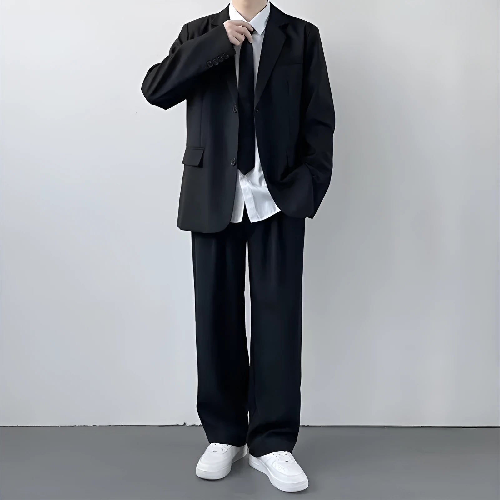 Men's plus size college style suit set with jacket, trousers, white shirt, and tie in polyester fabric