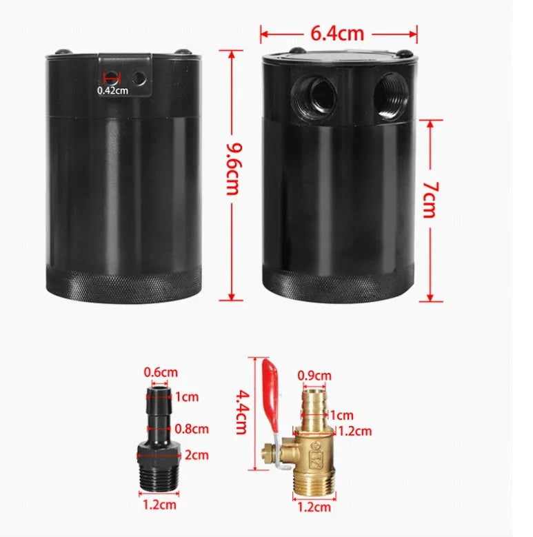 Aluminium automotive oil pot in black or silver with two-hole mounting and optional drain valve