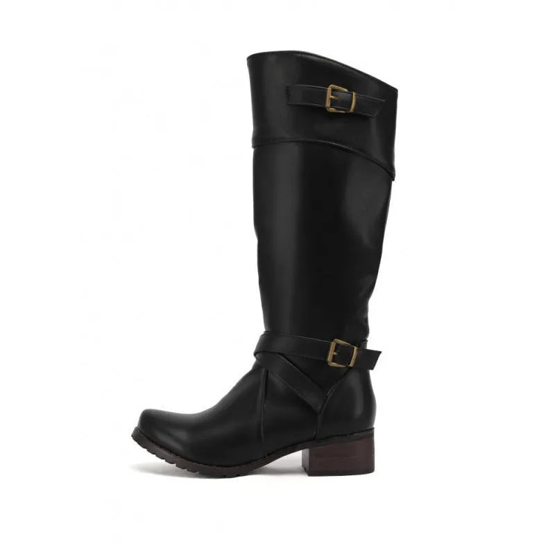 Women's belt buckle high leg boot, mid heel 3-5cm, round toe, artificial PU upper, rubber sole, sizes 34-45