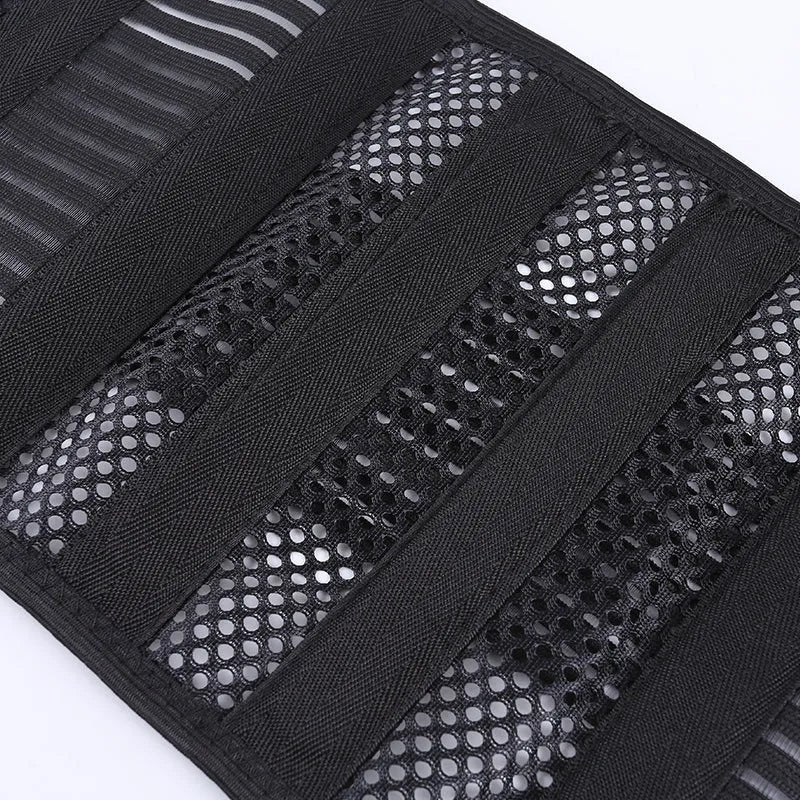 Black breathable sports waist support belt with an internal steel plate for lumbar protection during fitness activities.